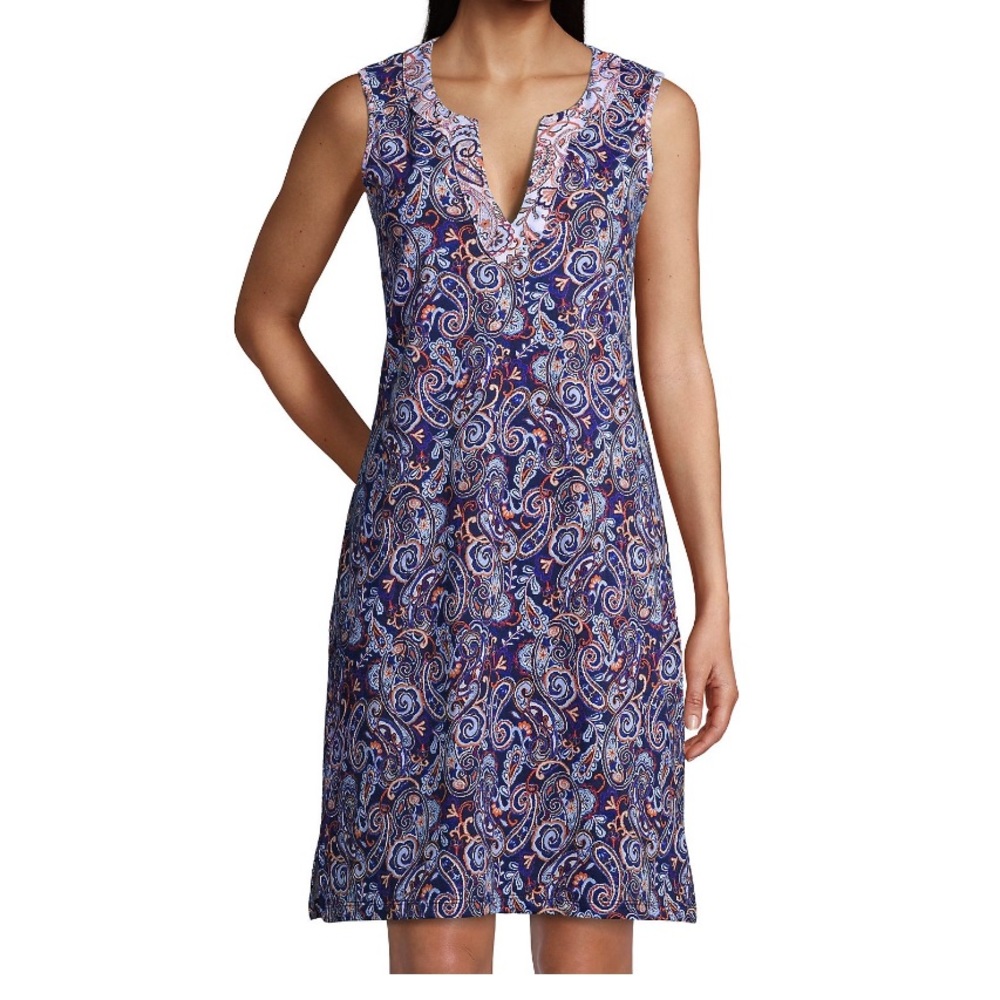 NWT Lands End Womens Navy Cotton Jersey Paisley Sleeveless Swim Cover SIZE XS